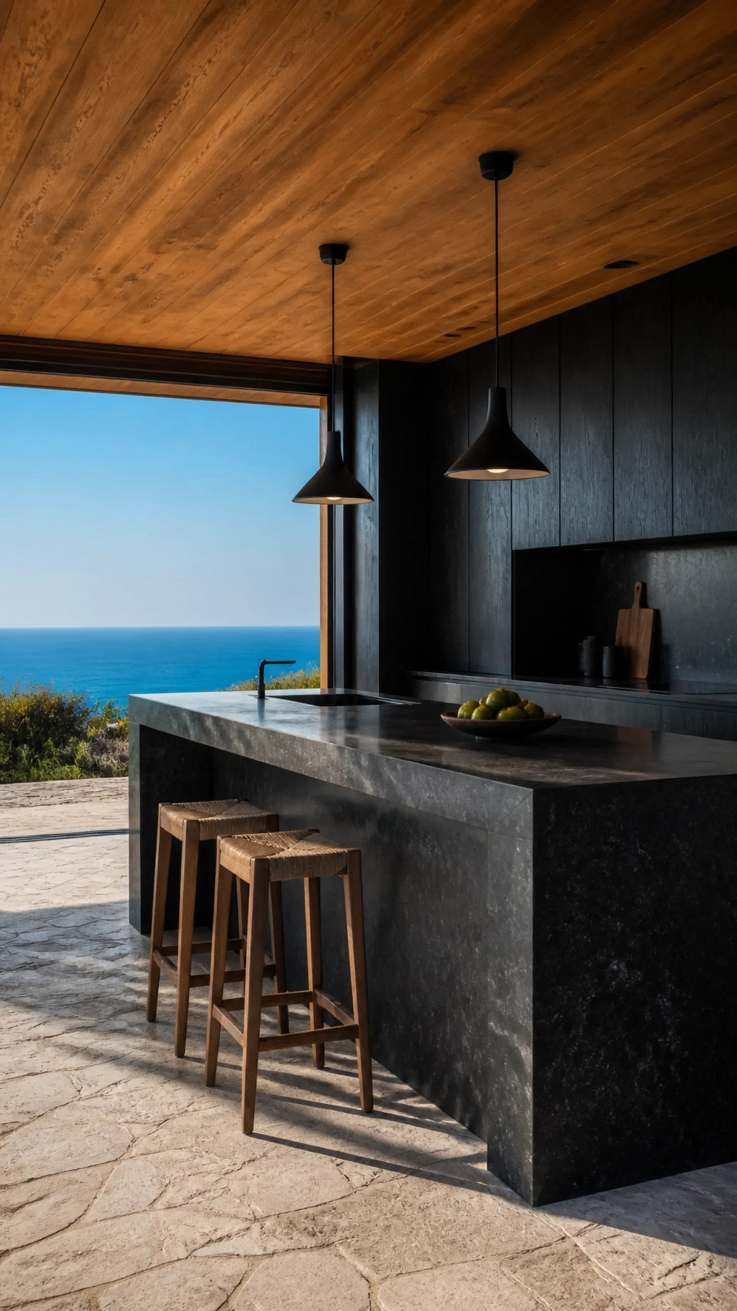 Dark stone kitchen island black cedar cabinetry warm oak and a blue sea view An original fictional editorial architecture study of material landscape light and spatial atmosphere..