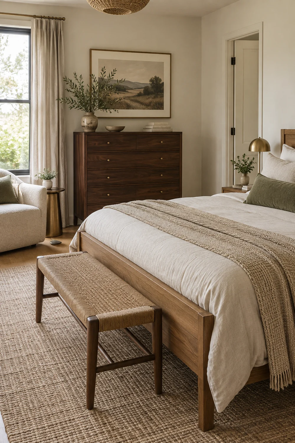 Dark wooden chest and oak bed sharing a bright modern bedroom