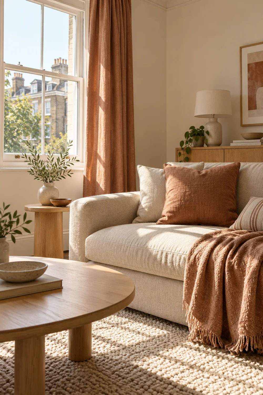 Daylight across clay textiles and an oat sofa
