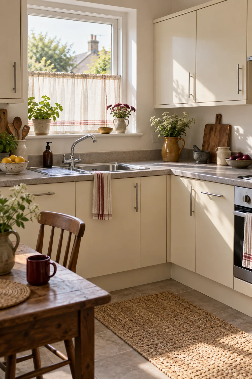 Daylight across fixed cream cabinets and a removable kitchen curtain