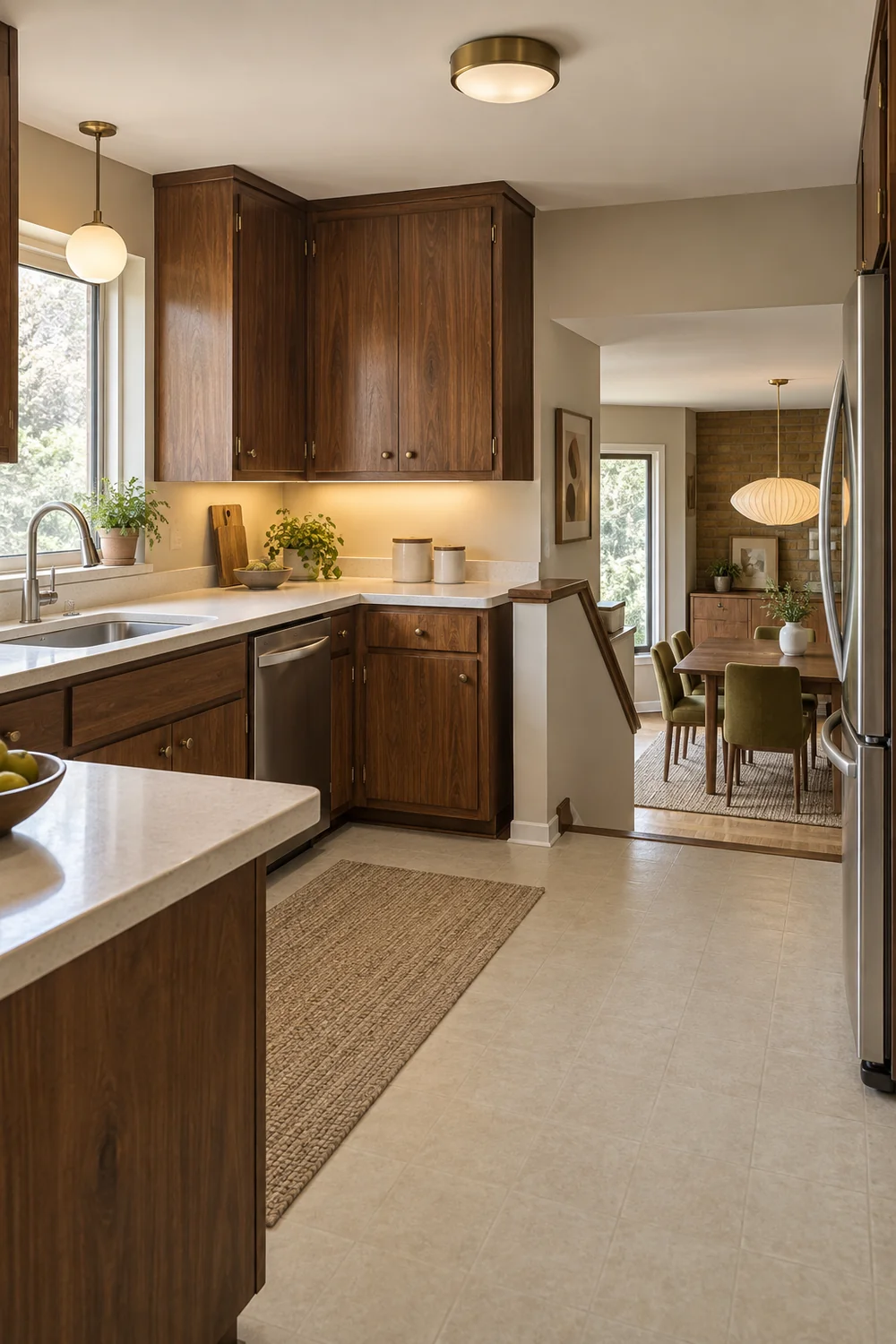Daylit walnut kitchen with task lights and a lower dining room