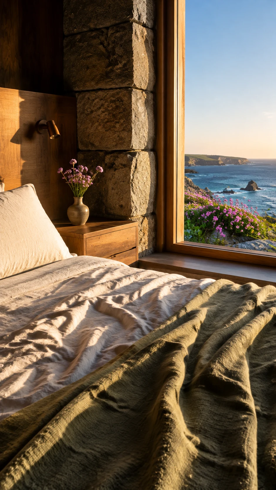 Deep bedroom window bay with sea