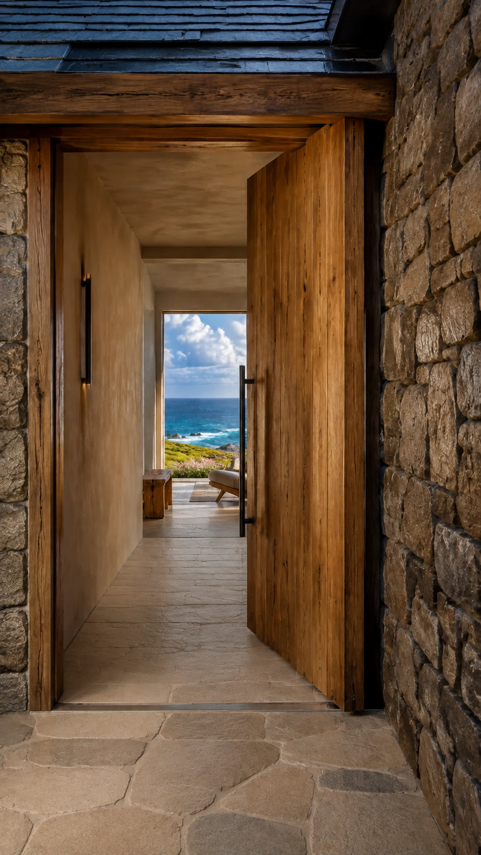 Deep granite threshold with oak door and a cobalt Atlantic glimpse