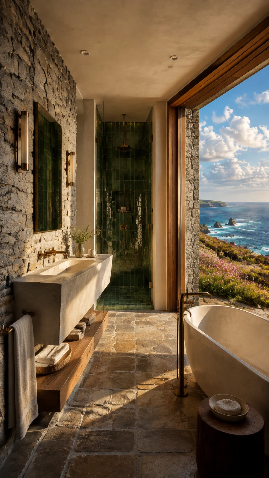 Deep green tiled bathroom with granite and a high Atlantic view