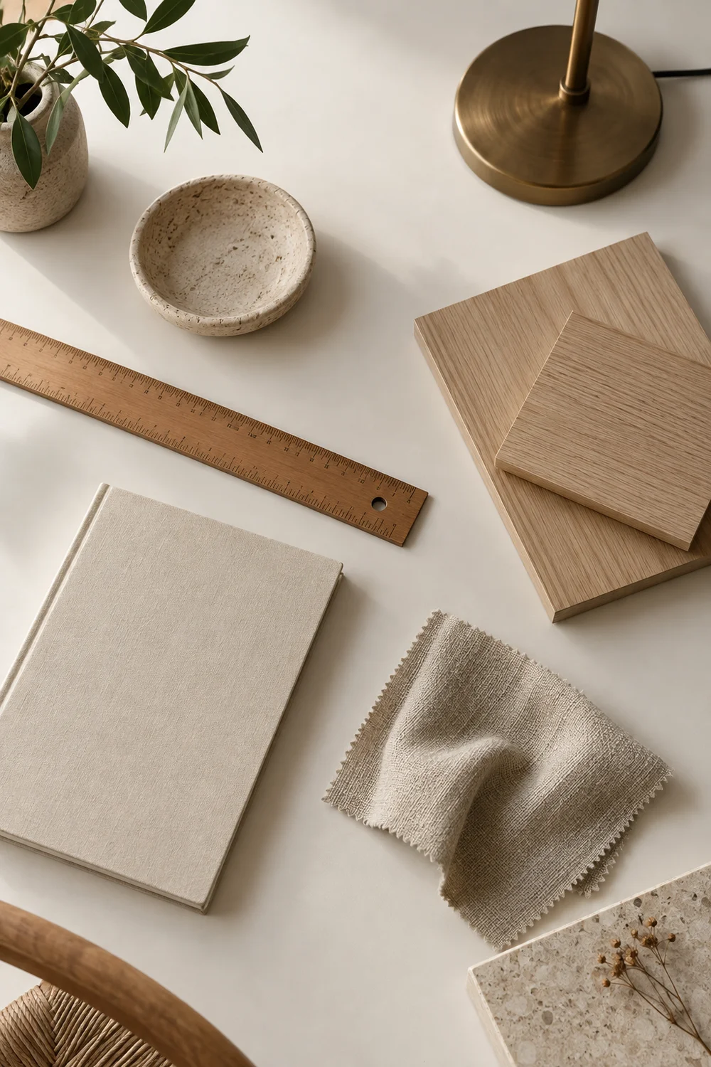 Desk planning materials with oak samples neutral fabric and a measuring rule
