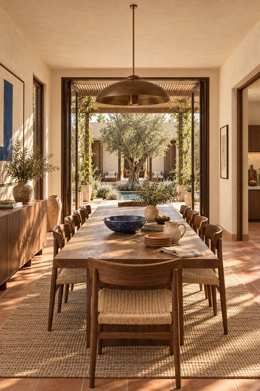 Dining detail with smoked timber, cream linen and handmade clay tableware