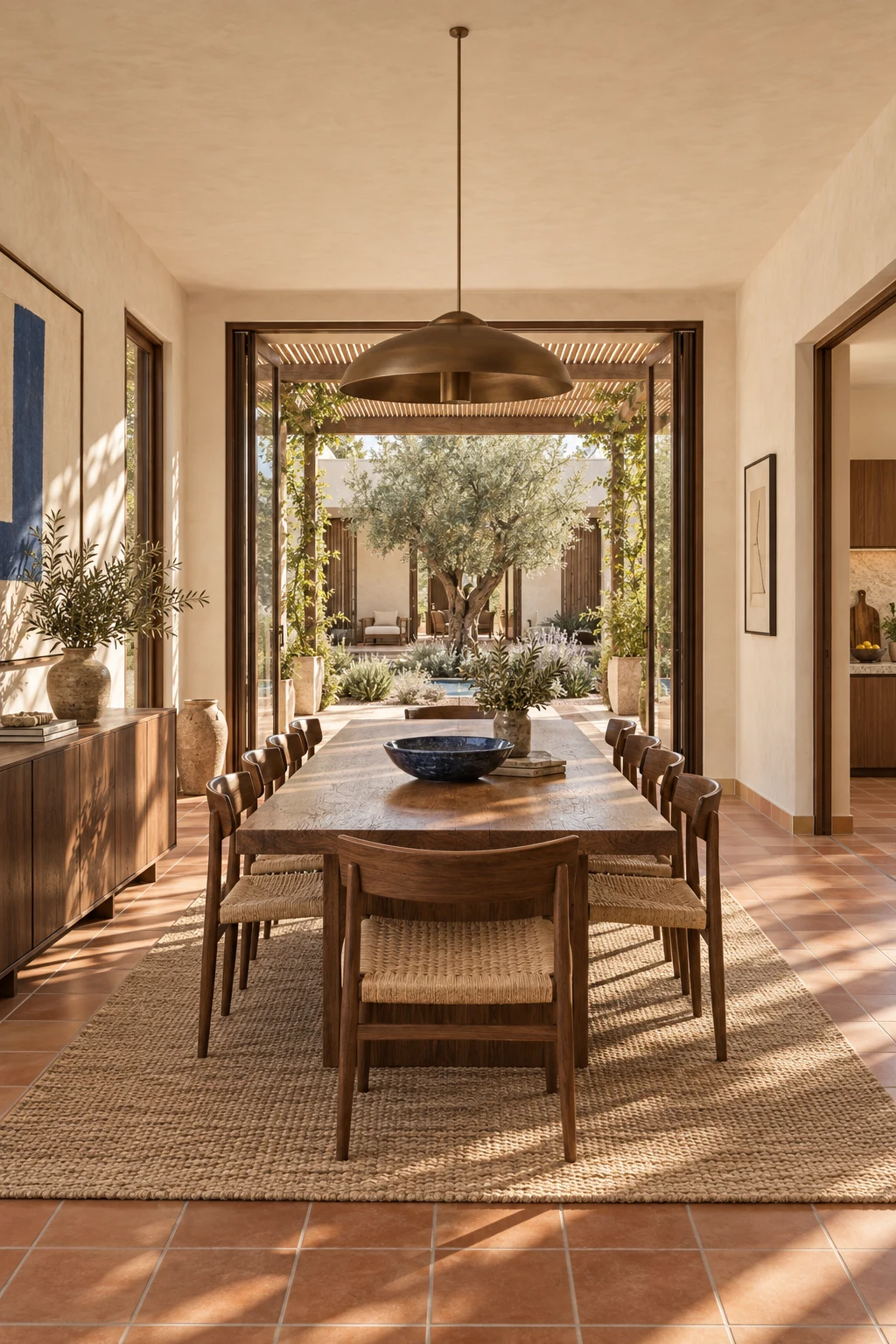 Dining room with a woven pendant and timber table aligned with the courtyard pergola