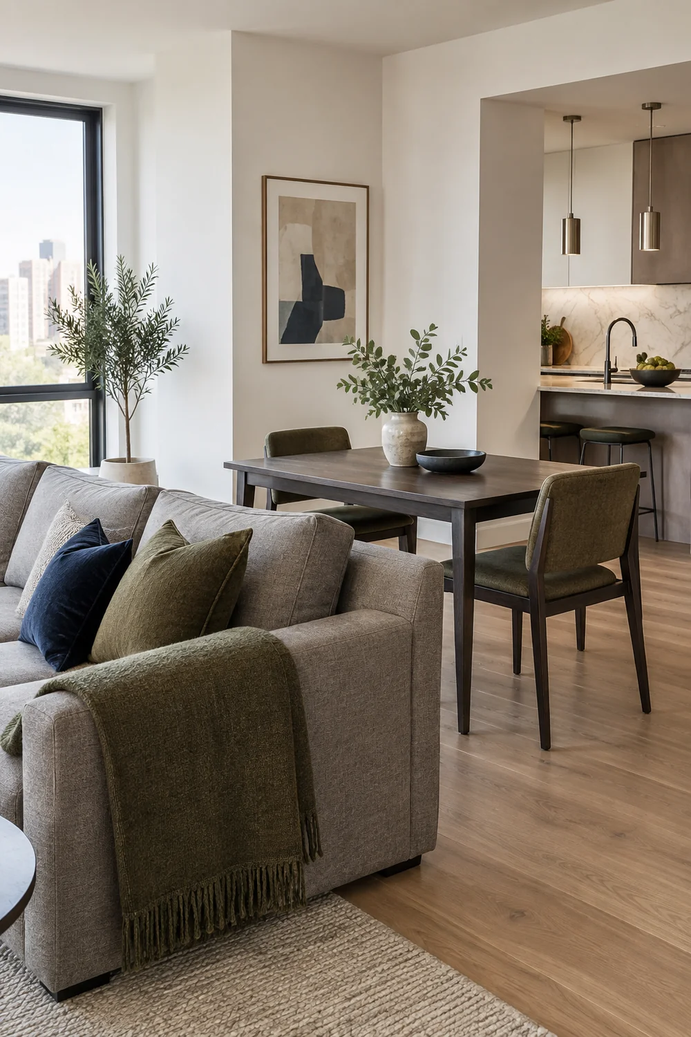 Dining table behind a grey sofa in a compact apartment living room