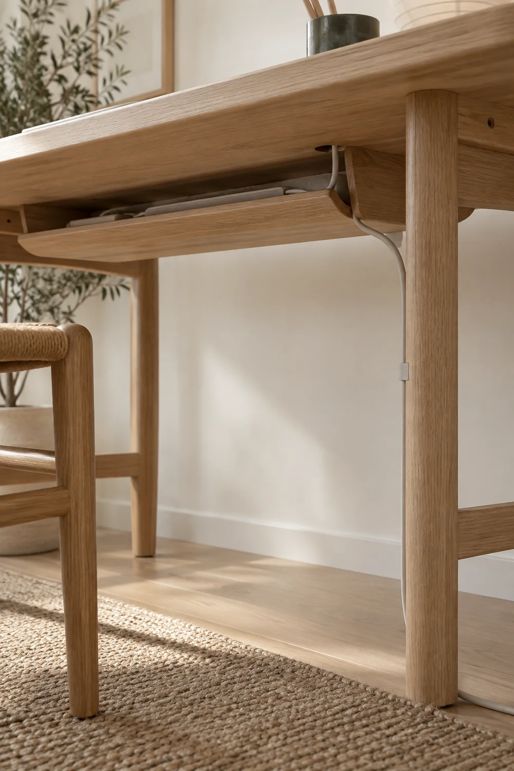 Discreet cable route beneath a pale oak Japandi desk