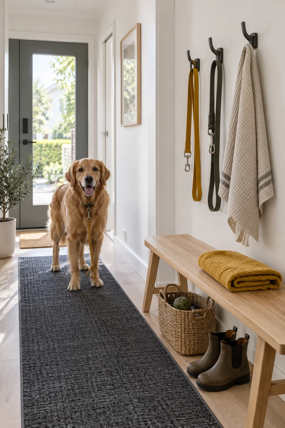 Dog lead and folded saffron towel within reach on a bright Scandinavian hallway wall