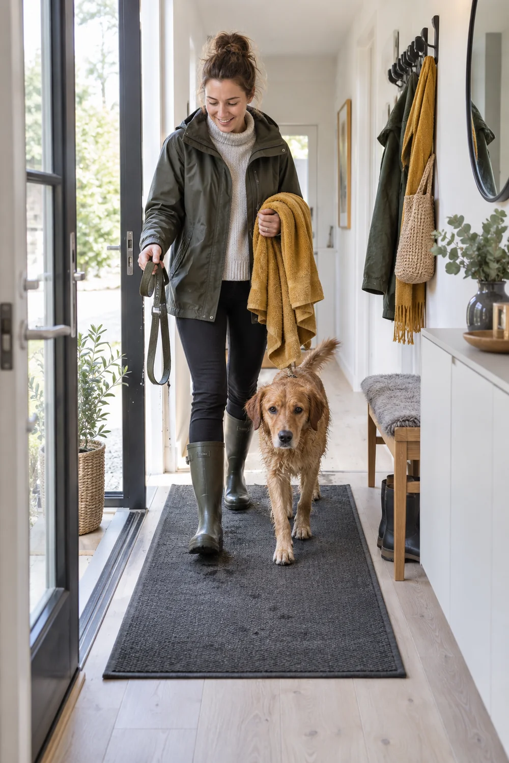 Dog owner arriving with a damp lead and towel in a bright narrow Scandinavian hall