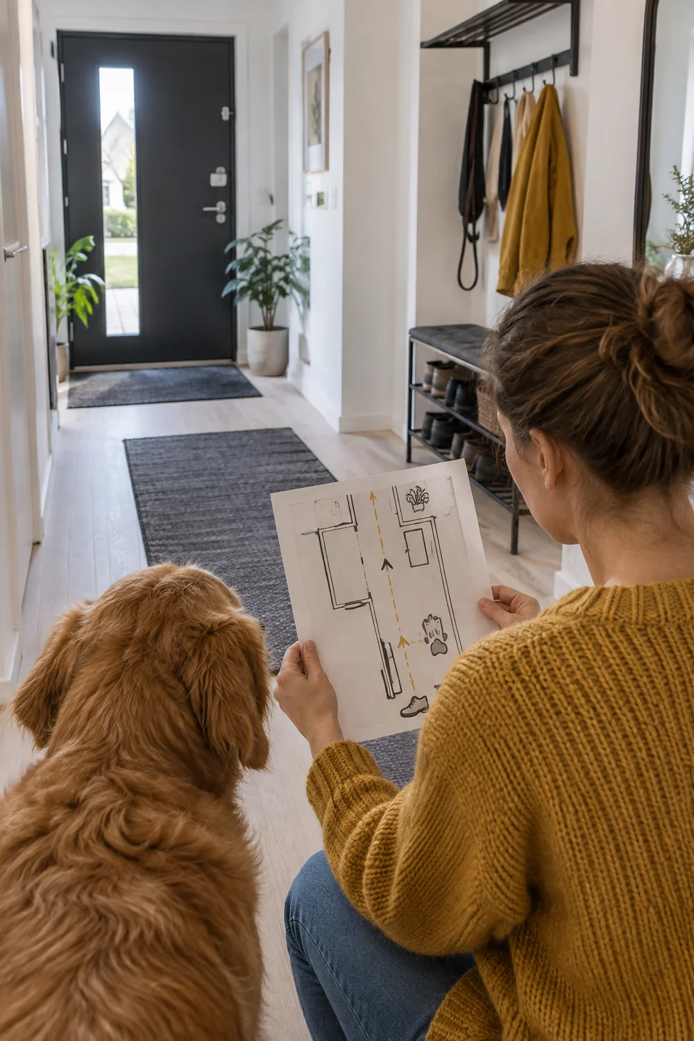Dog owner comparing a hallway route sketch with the used entrance