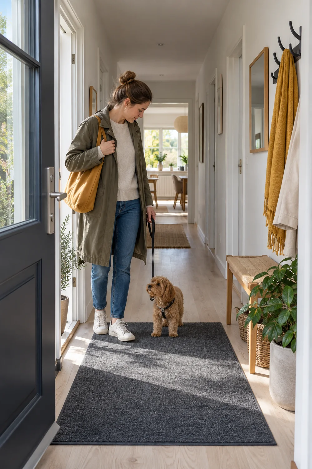 Dog owner entering a narrow Scandinavian hallway with a small dog and a clear route