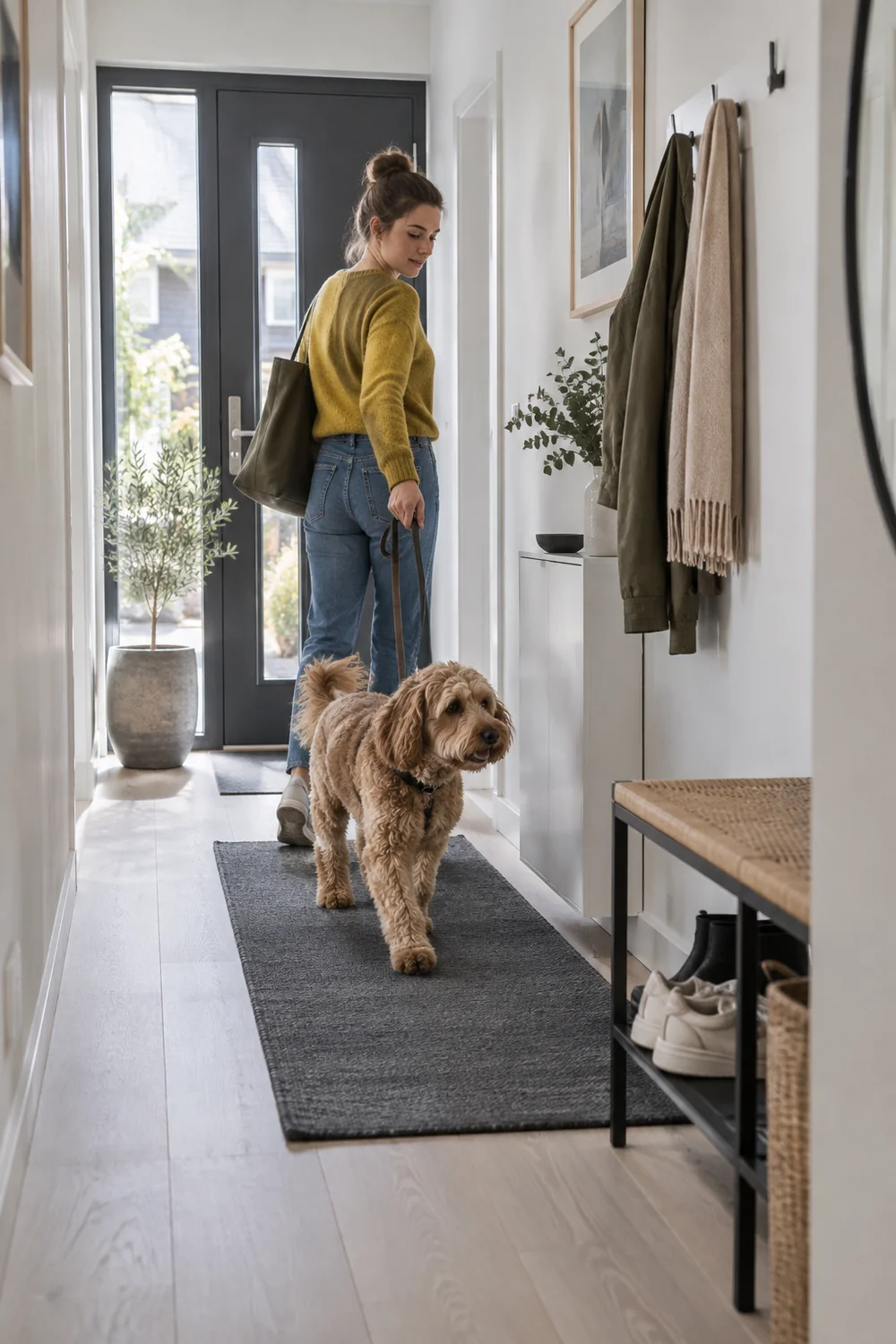 Dog owner holding a lead while turning into a bright narrow hallway