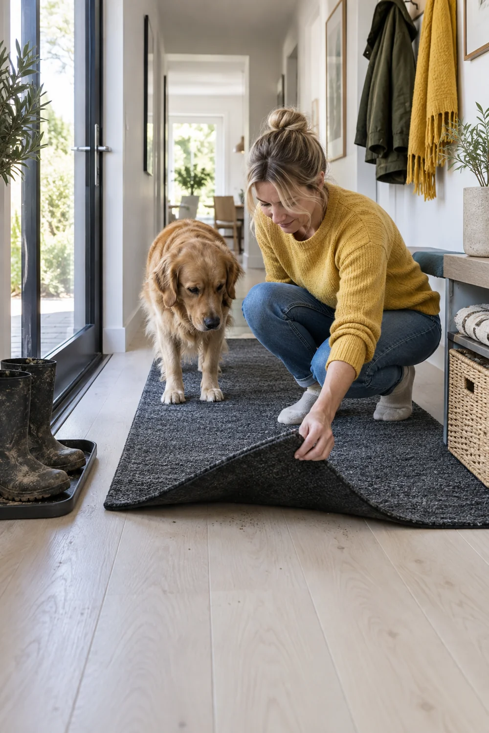 Dog owner lifting a washable charcoal mat to inspect pale birch floor