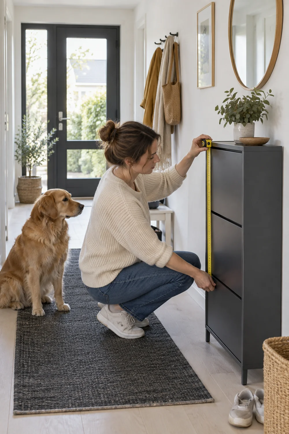 Dog owner measuring a shallow shoe cabinet in a bright Scandinavian hallway
