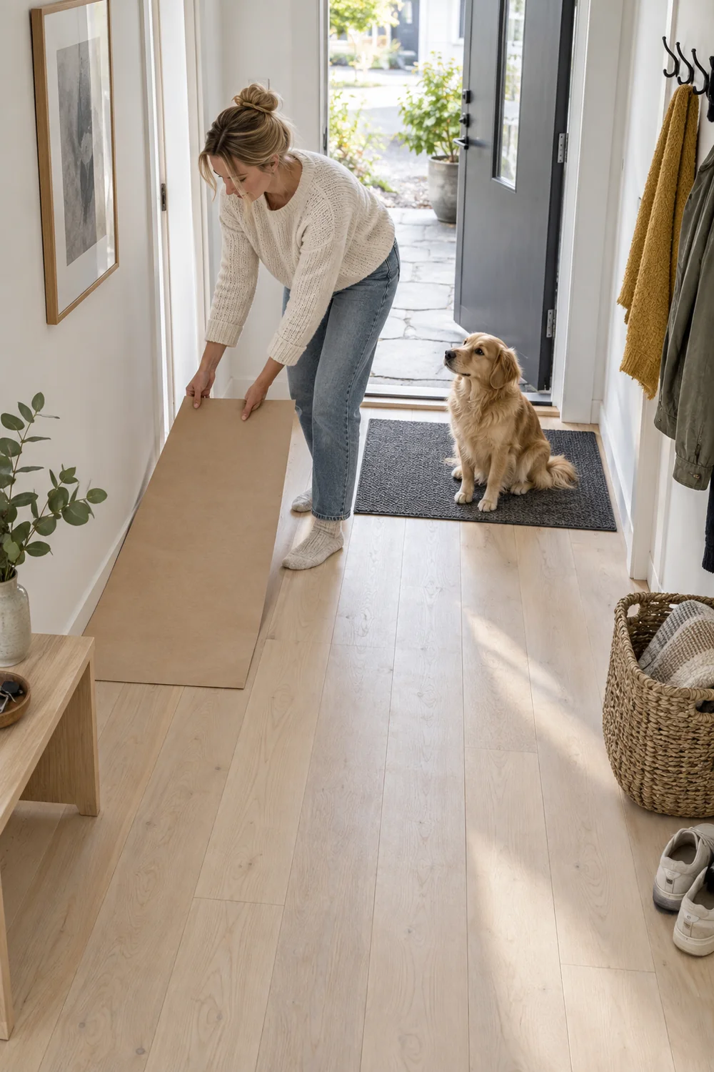 Dog owner moving a paper furniture footprint to clear the narrow hallway route