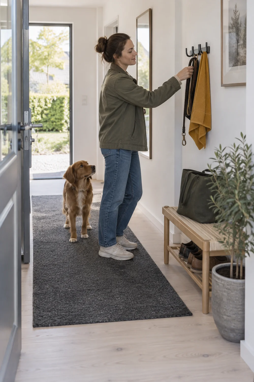 Dog owner returning a lead to a reachable hook without crossing the corridor