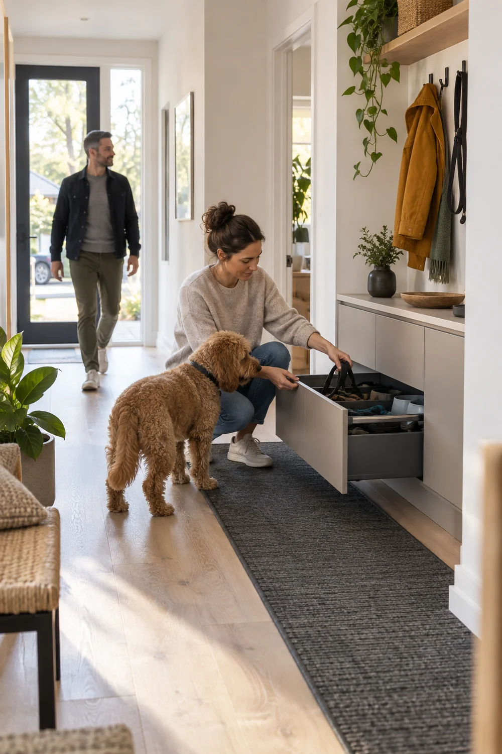 Dog owner testing cabinet drawer while another person passes through the hall