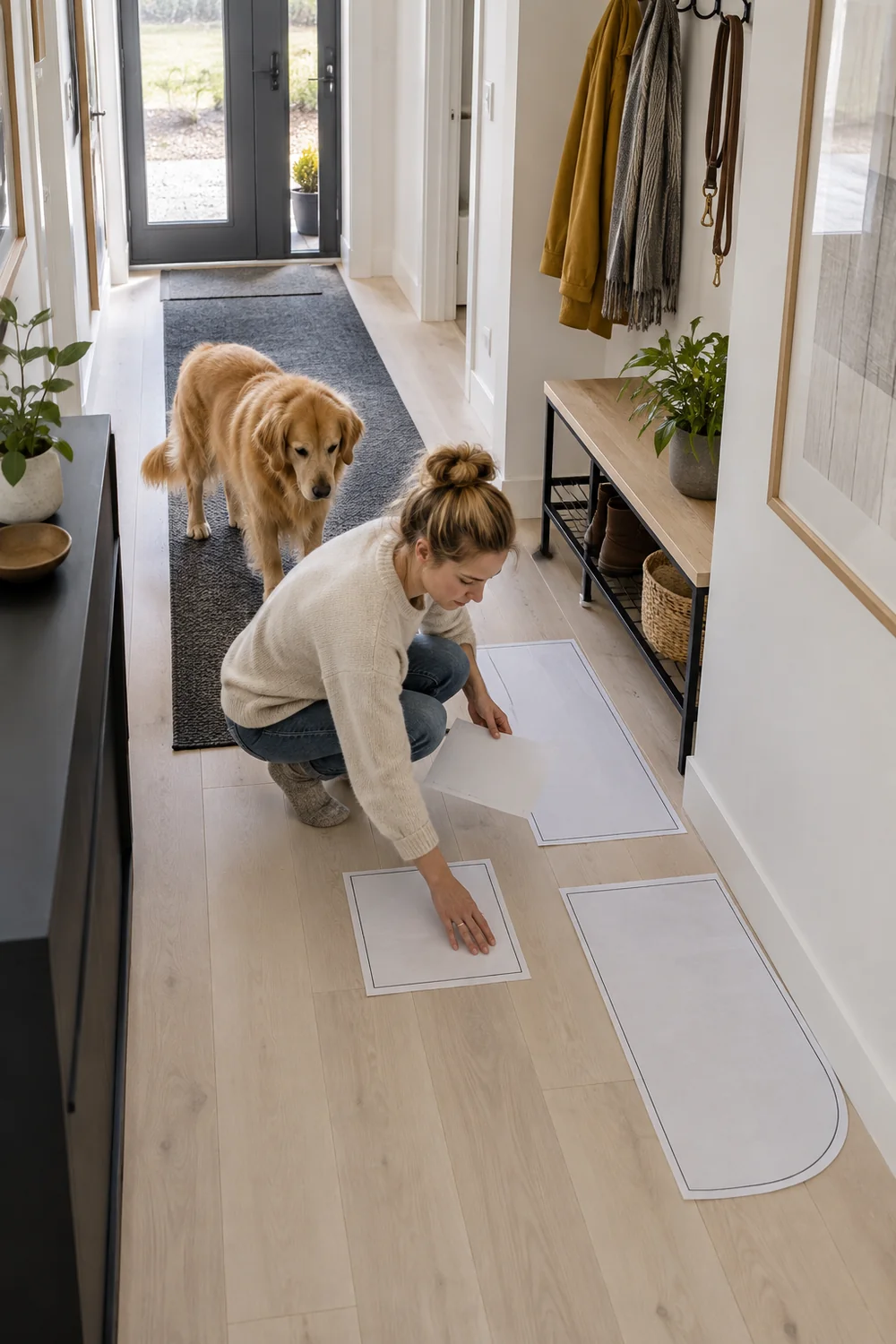 Dog owner testing paper furniture footprints on the floor of a narrow hallway