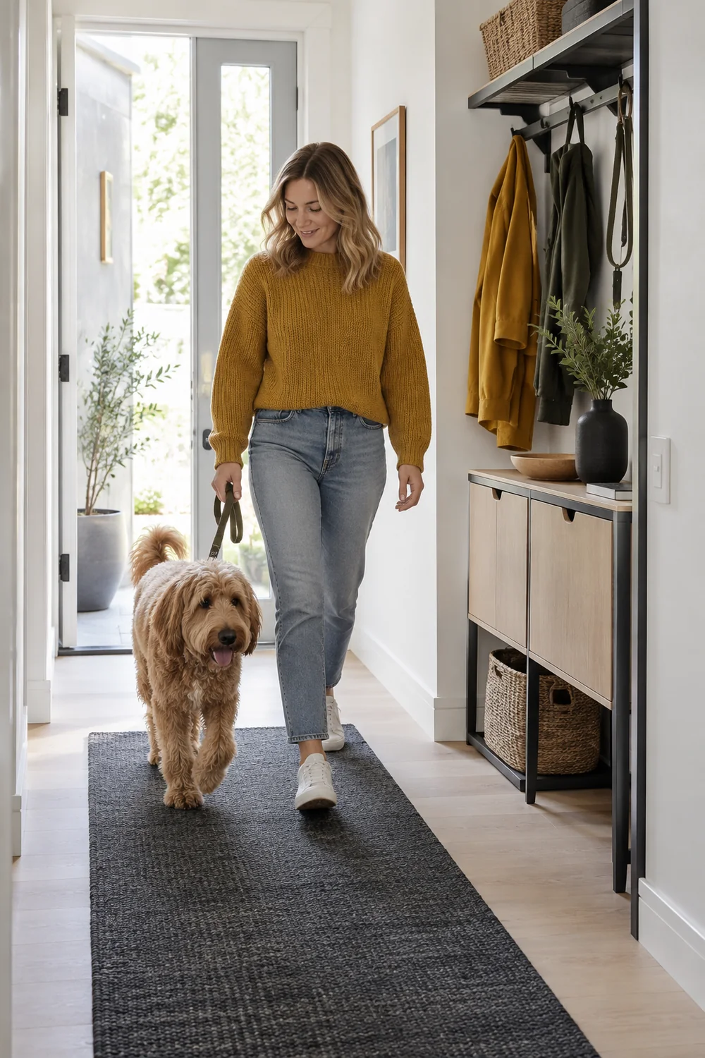 Dog owner walking freely through a finished pale birch entryway beside compact storage
