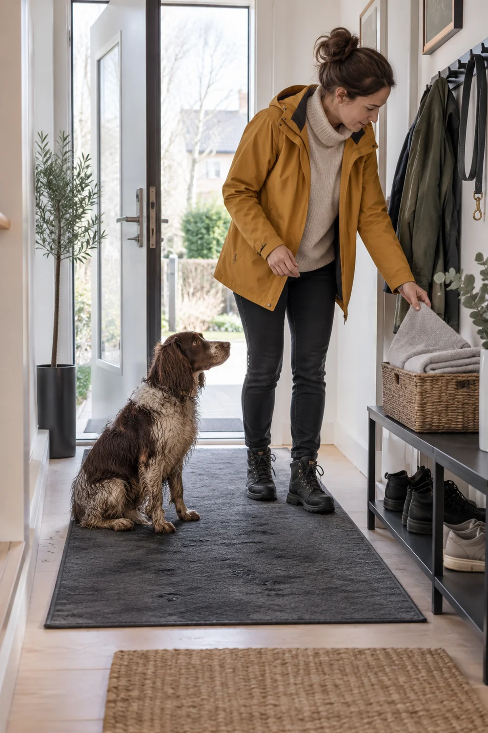 Dog paused on a charcoal mat while owner reaches for a clean cotton towel