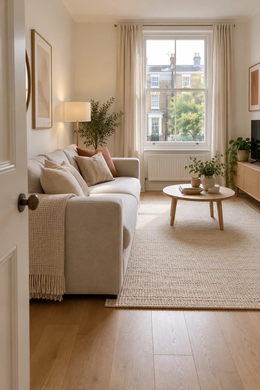 Doorway route beside an oat sofa in a rental living room