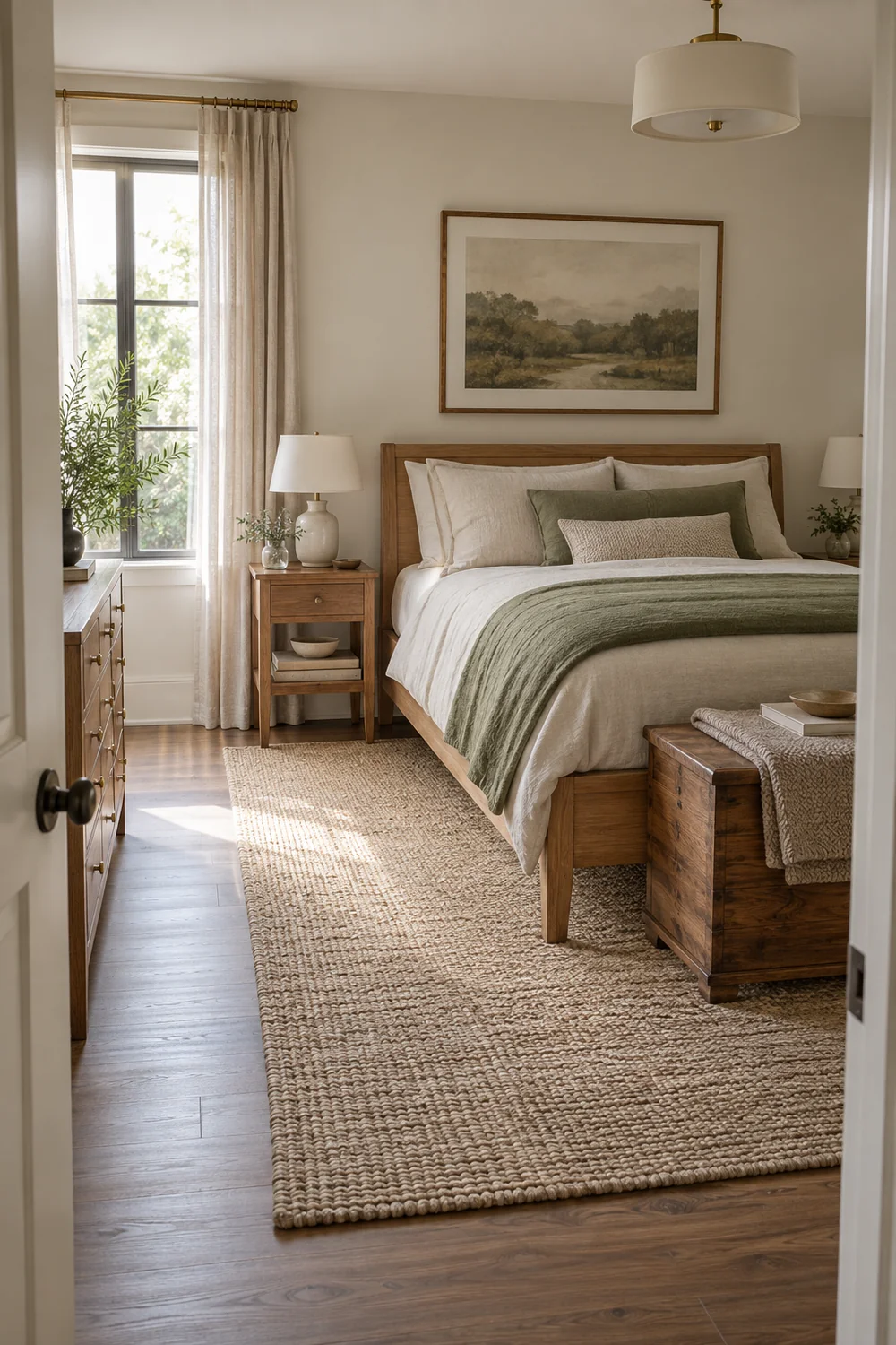 Doorway view showing open routes around a shared bed