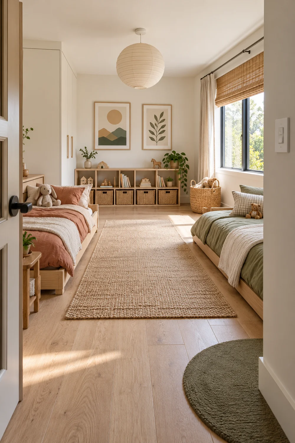 Doorway view shows clear route between two beds