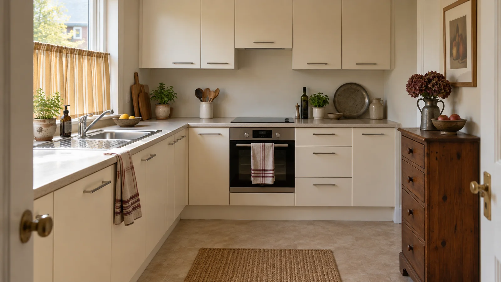 English country kitchen in a rental with fixed cream cabinets and a pine dresser