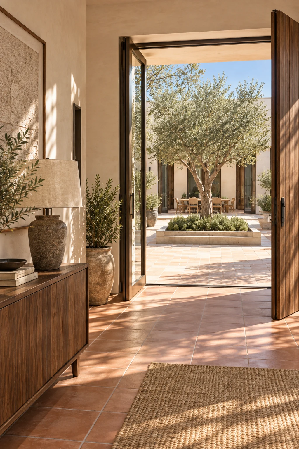 Entry detail with pale stone, smoked timber, woven runner and soft Mediterranean shadow
