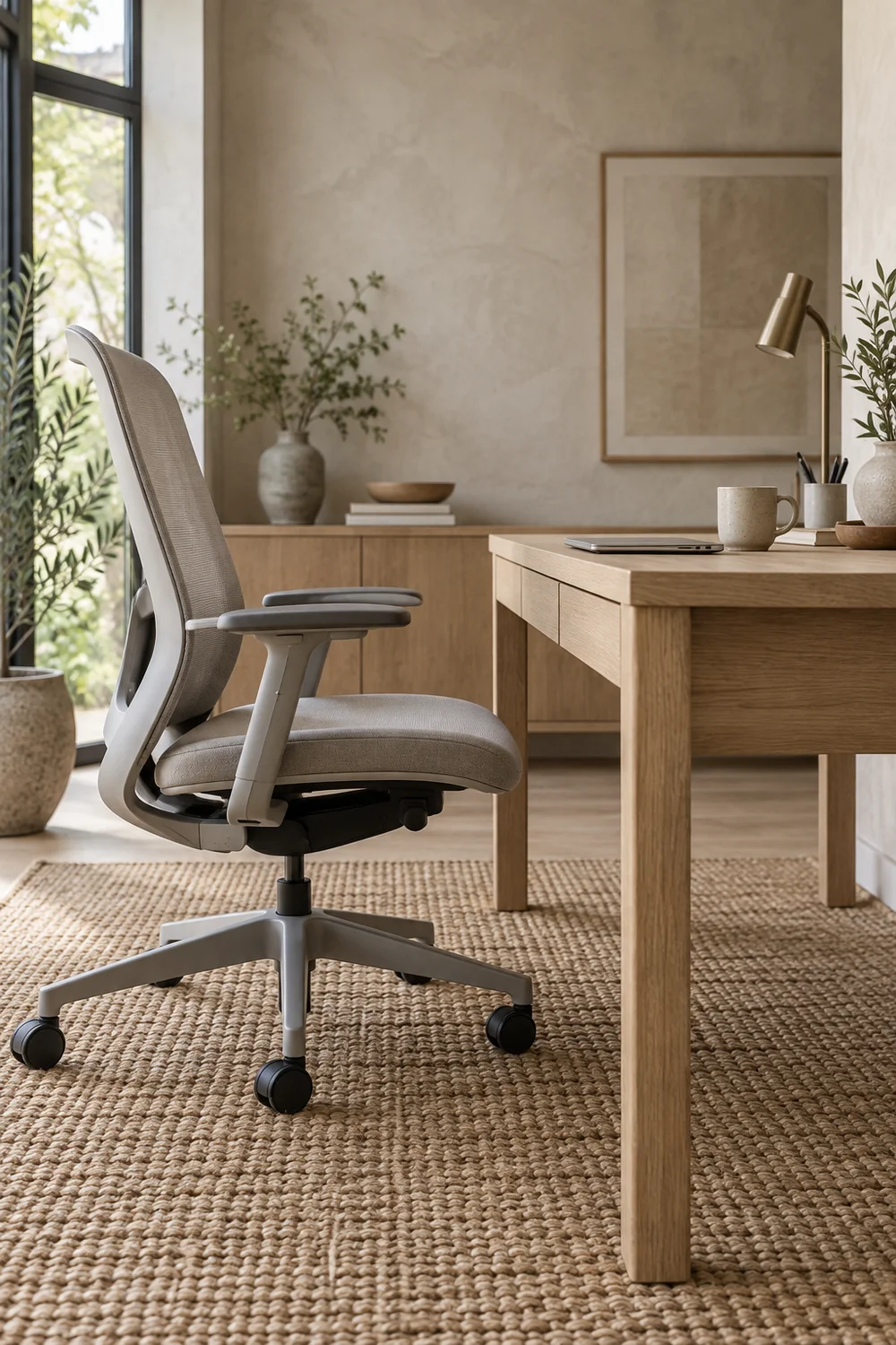 Ergonomic chair and clear leg space at a Japandi desk