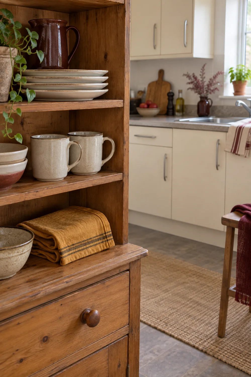 Everyday crockery and cloth stored in a freestanding pine dresser