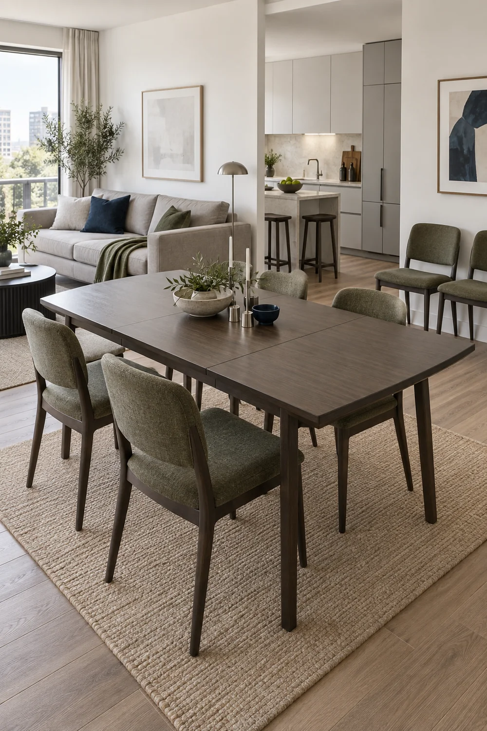 Extended dark dining table with extra chairs in a shared apartment room