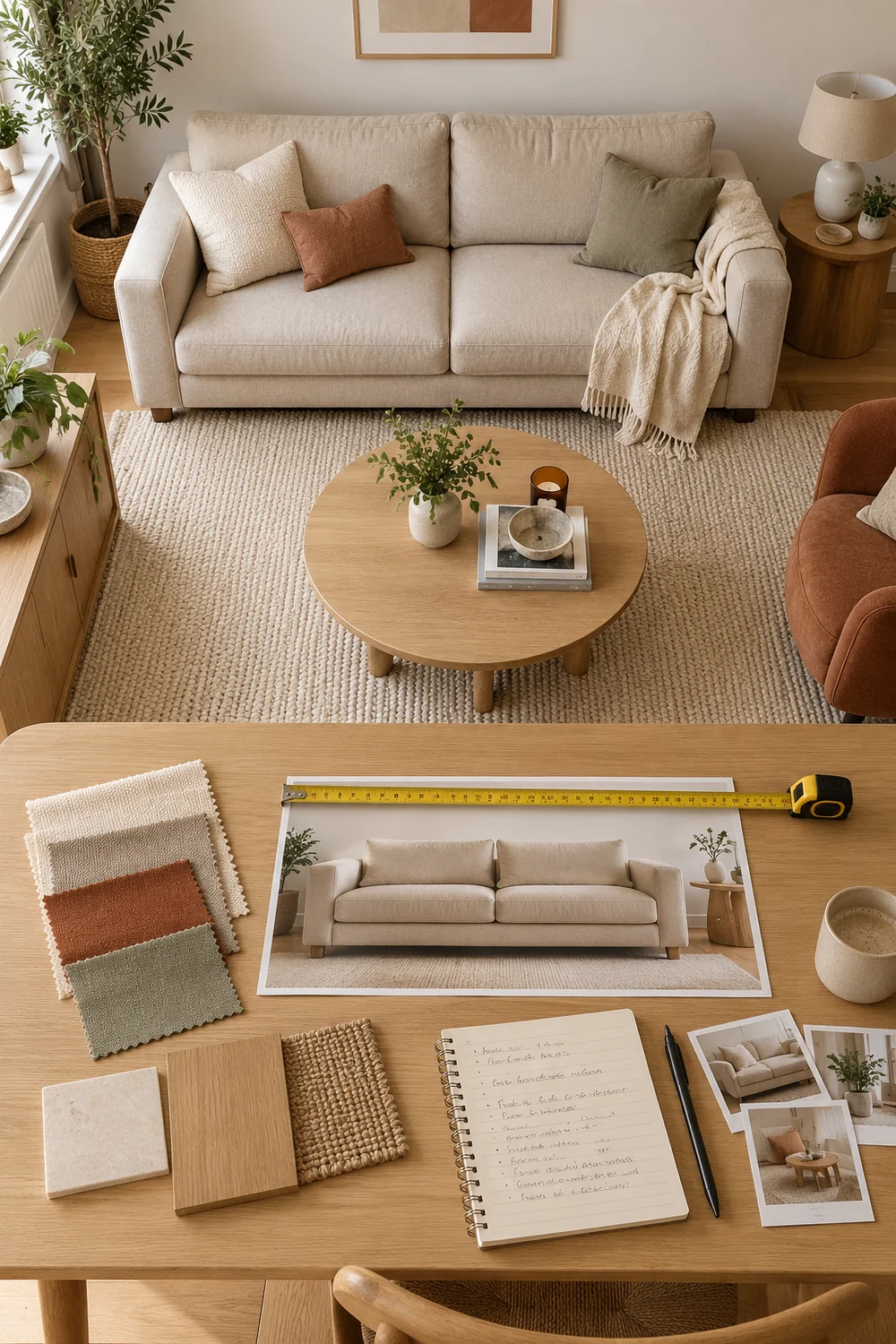 Fabric samples and a measuring tape beside a furniture brief