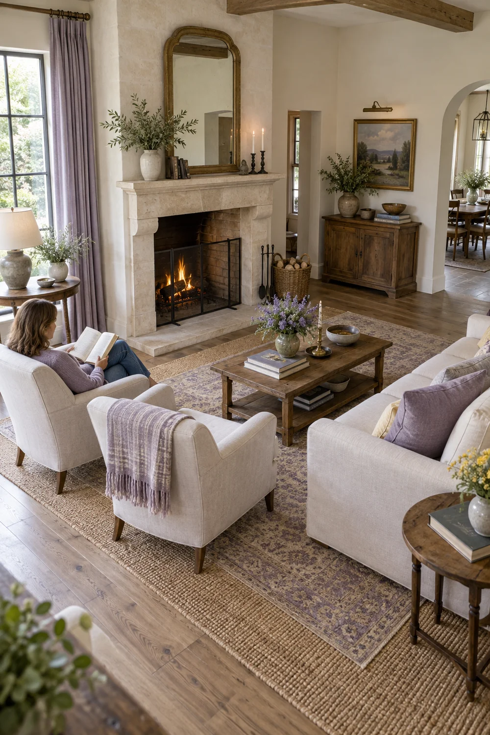 Facing chairs and sofa around a French country fireplace with a reader seated