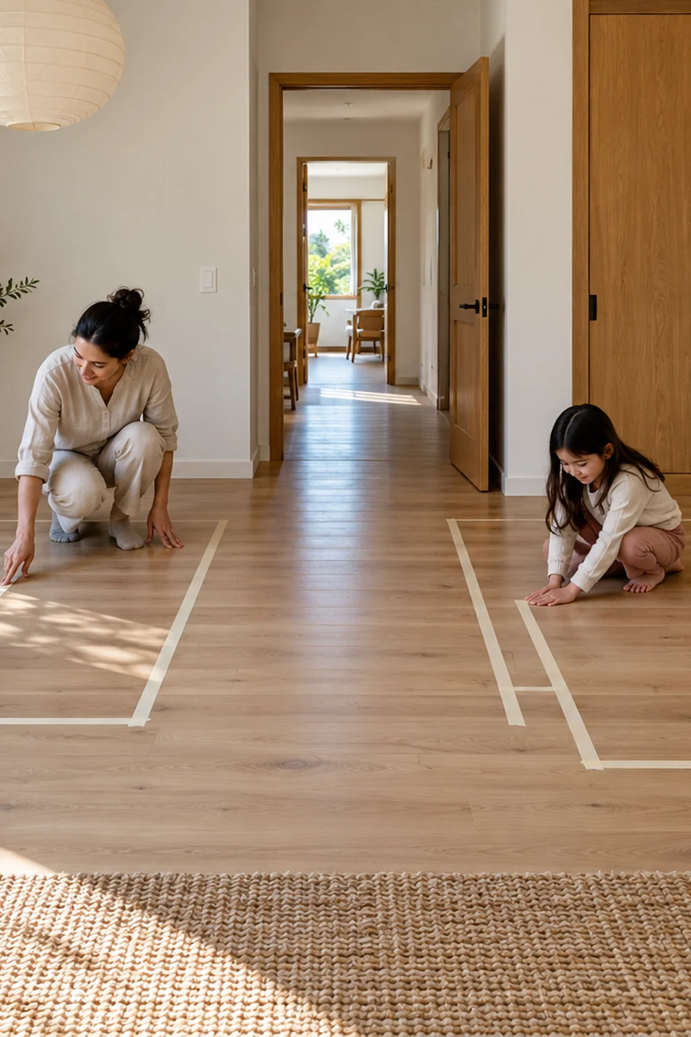 Family checks taped furniture positions in a shared bedroom