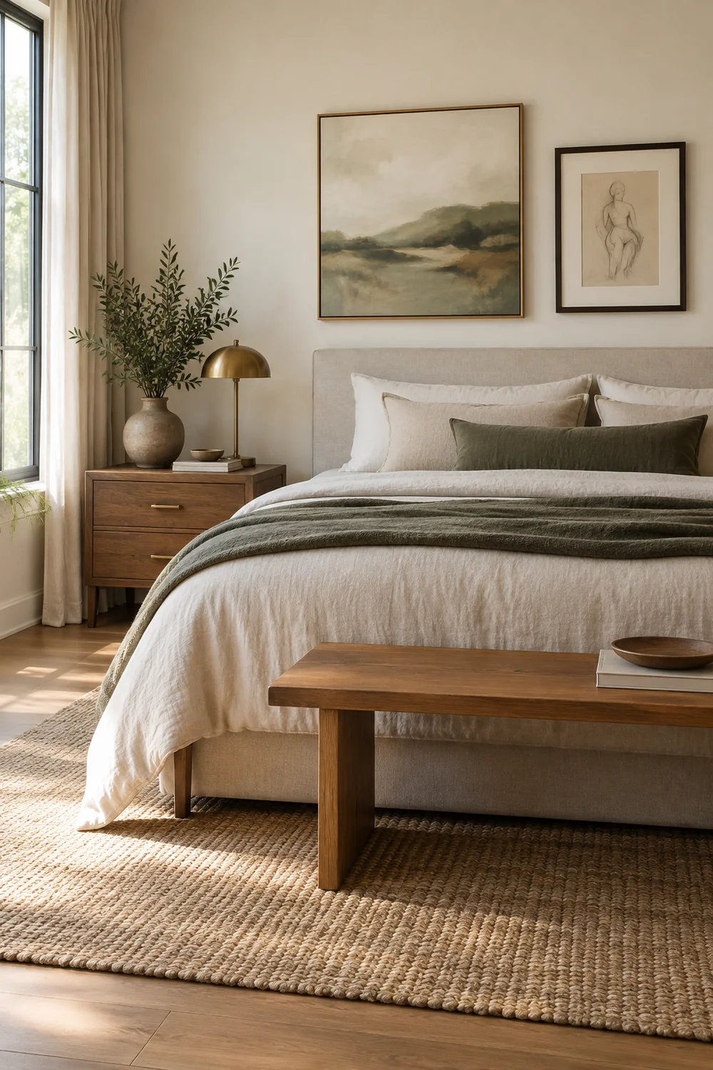 Finished modern bedroom with art above the bed and an oak bench