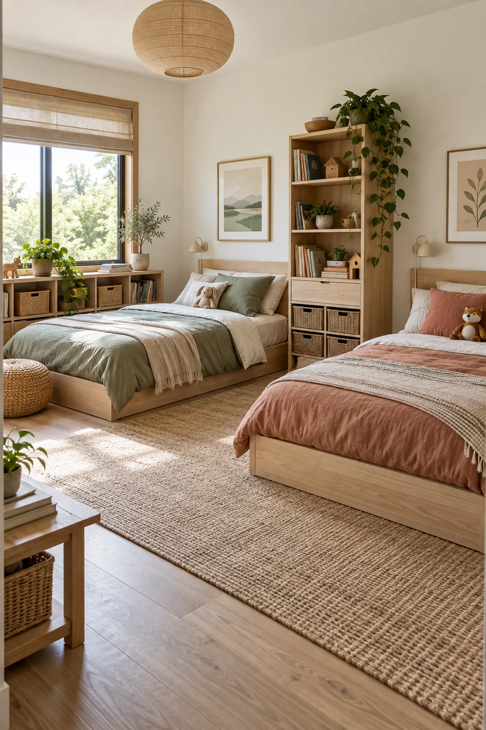 Finished shared Japandi bedroom with two low beds