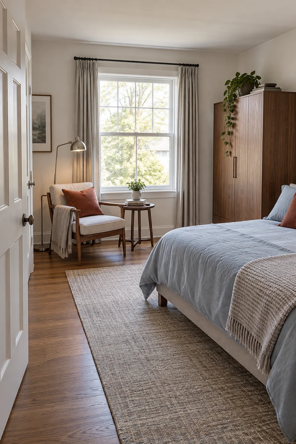 Finished small bedroom reading corner with clear access to the bed and wardrobe