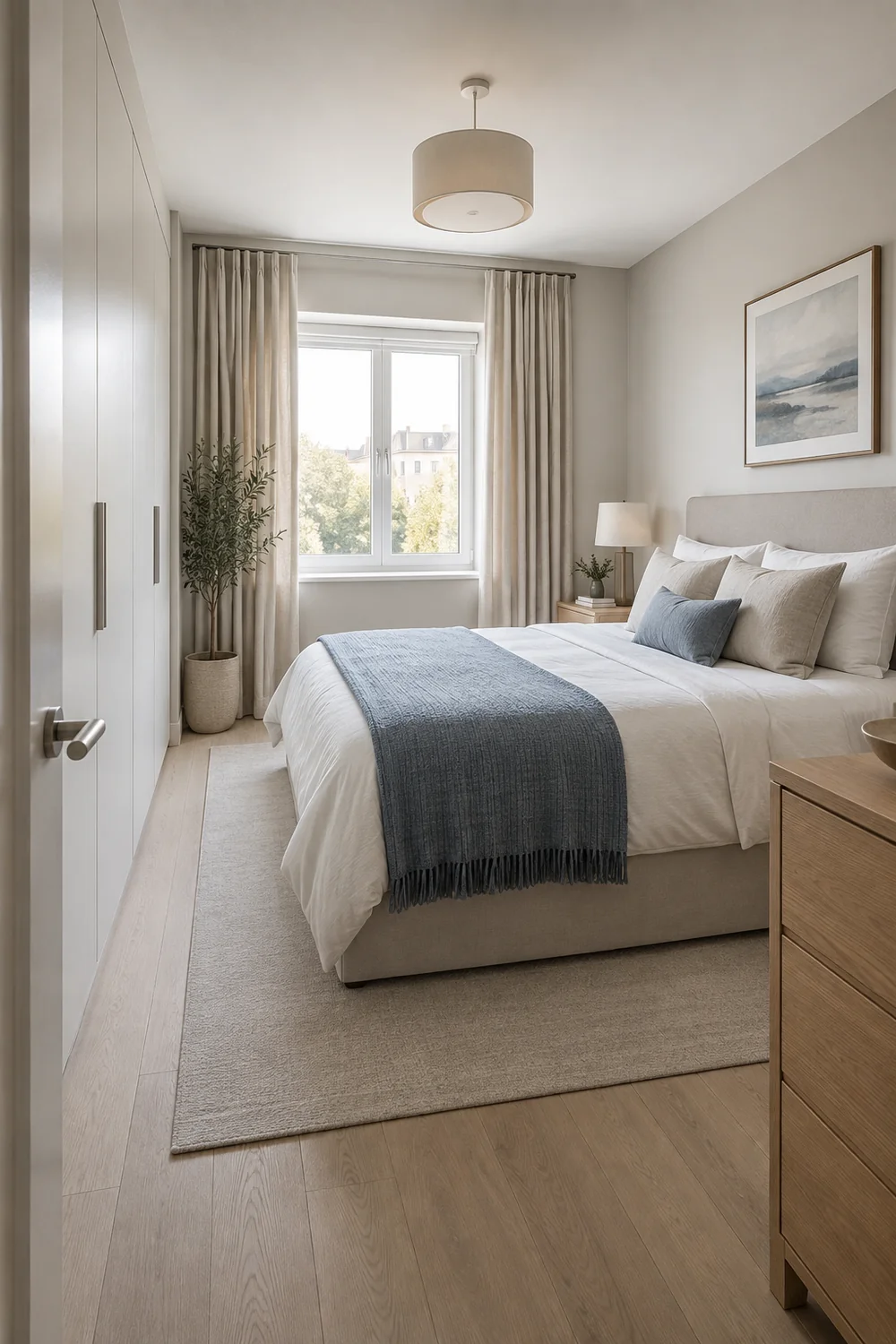 Finished small bedroom with pale oak furniture and muted blue bedding