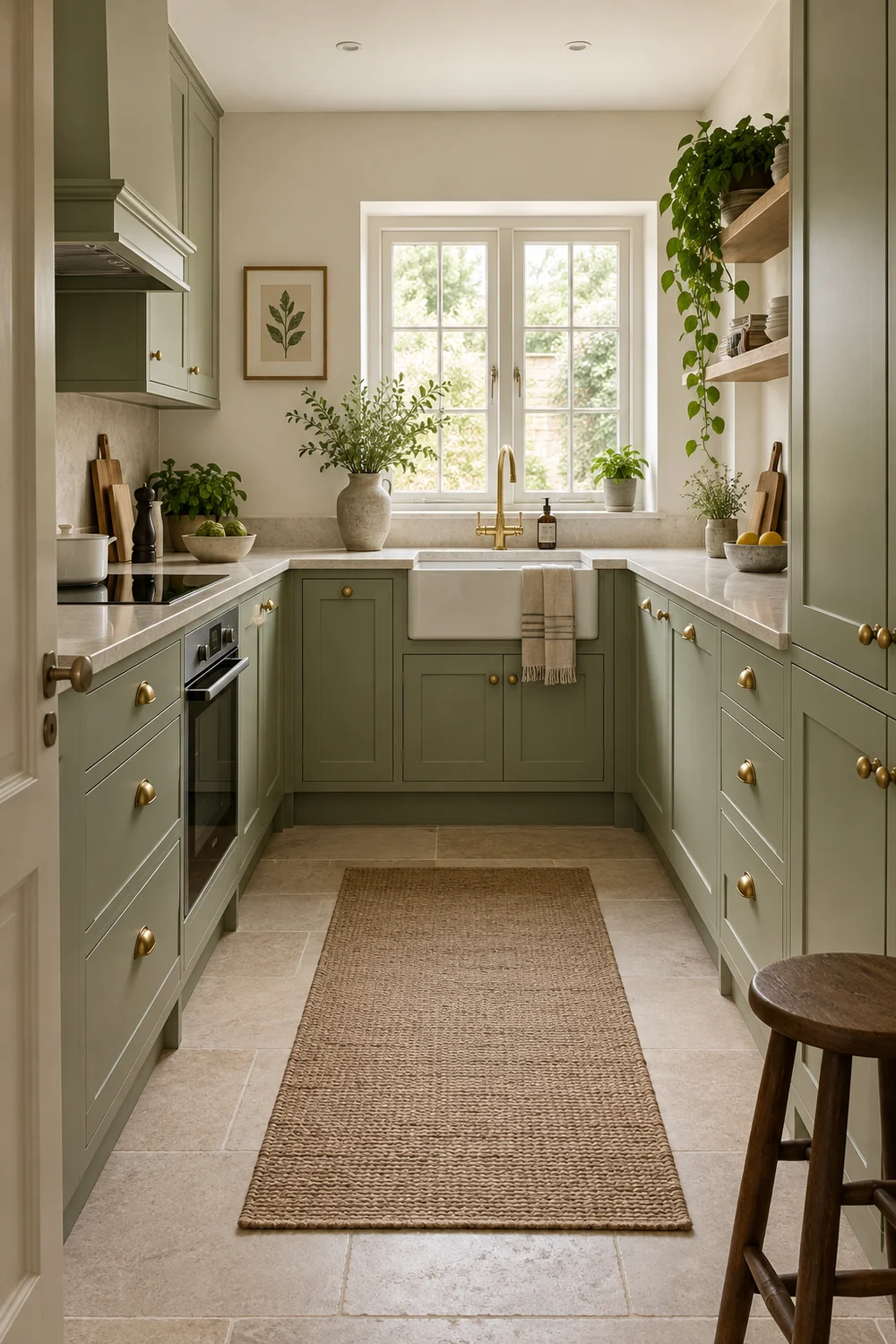 Finished small sage green kitchen with warm stone and aged brass