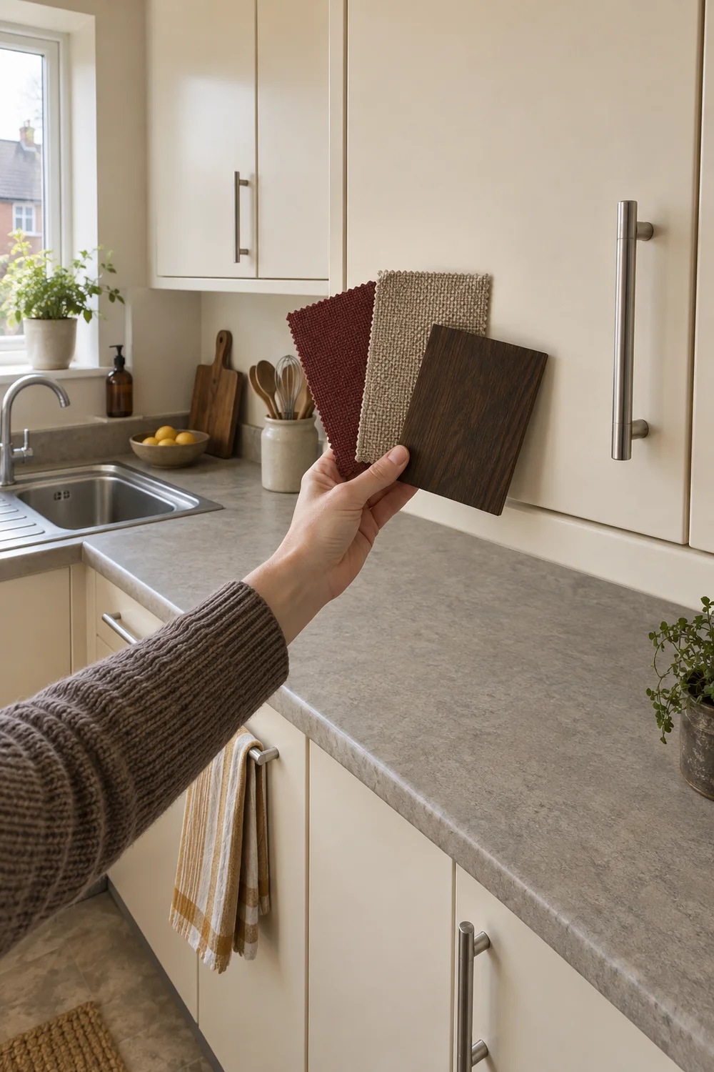 Fixed cream kitchen cabinets beside fabric and dark pine samples