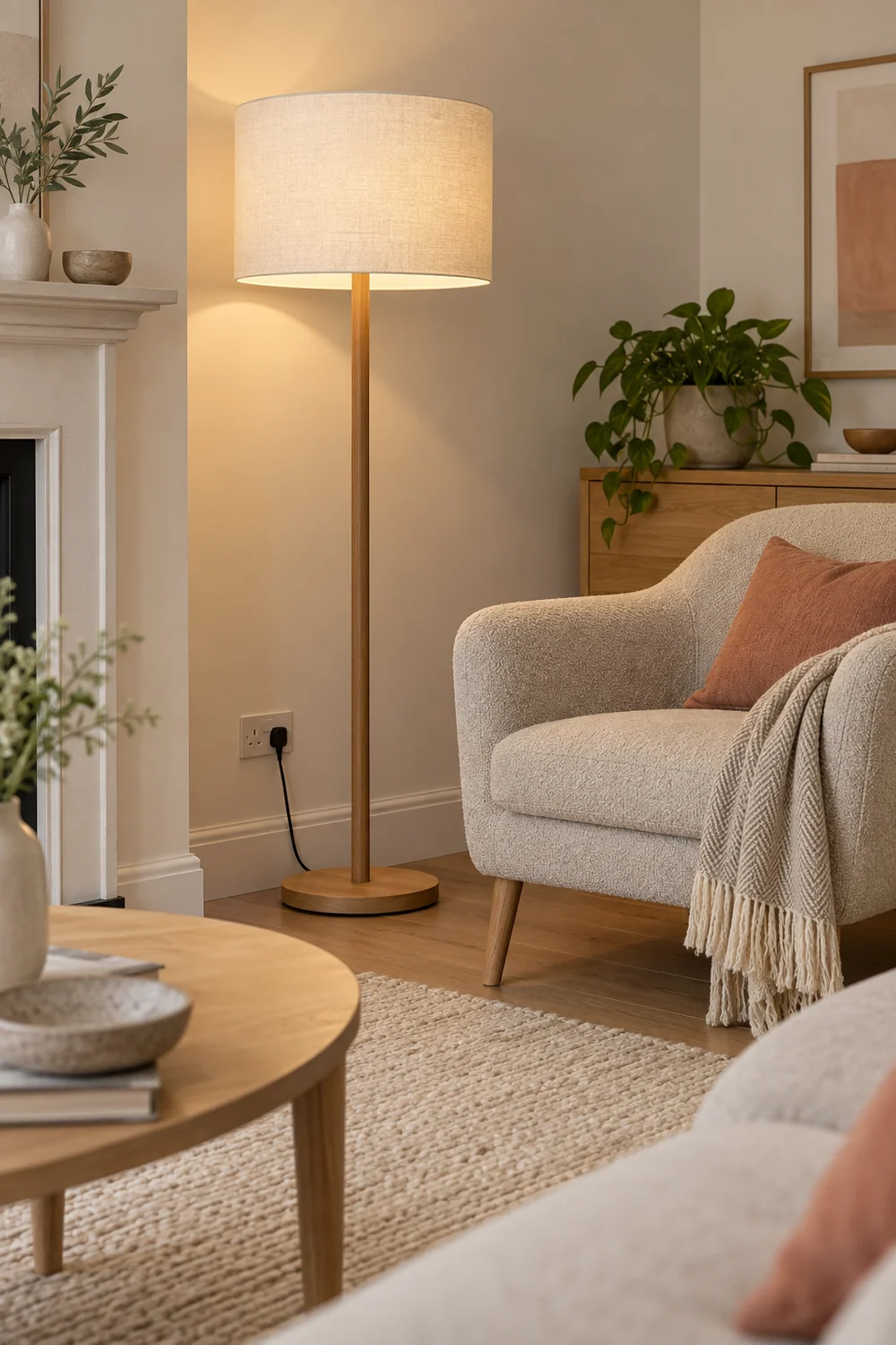 Floor lamp beside a chair with a nearby socket
