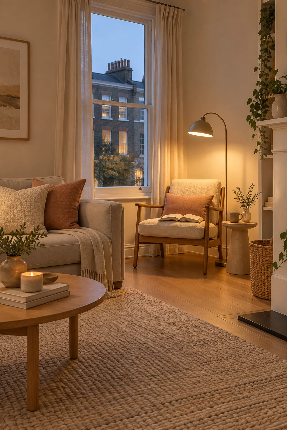 Floor lamp illuminating a reading chair at dusk
