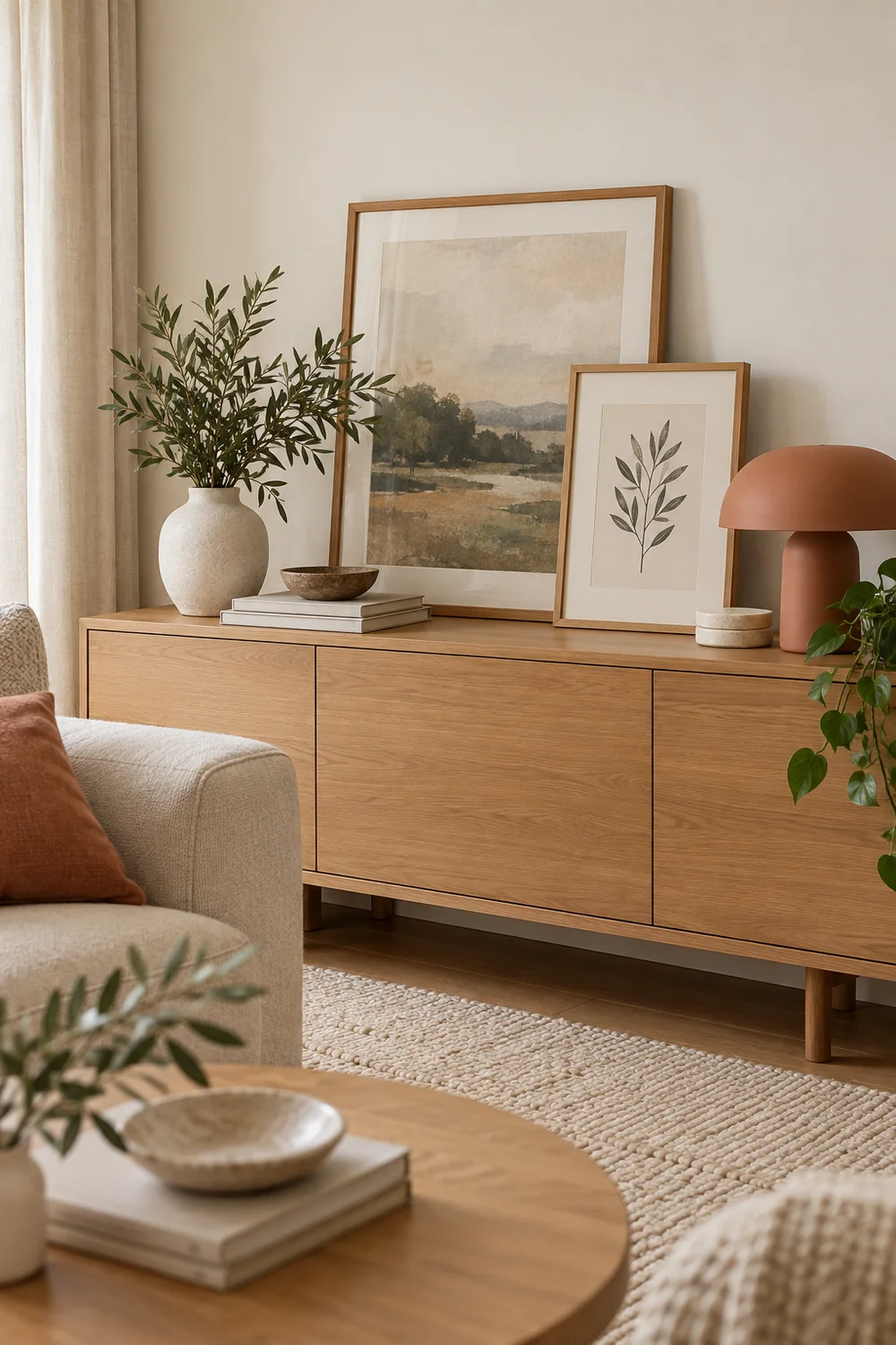 Framed art resting on a low pale oak cabinet