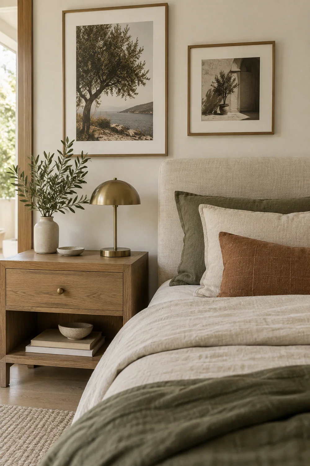 Framed artwork and brass lamp beside layered bedroom textiles