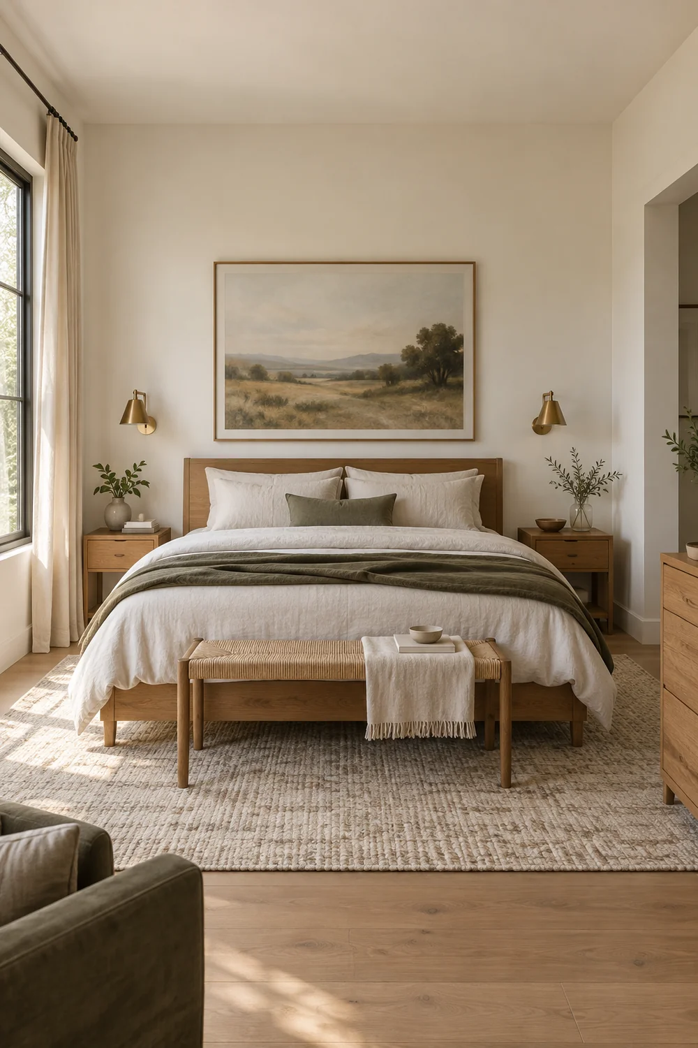 Framed landscape above a simple bed with two wall lights