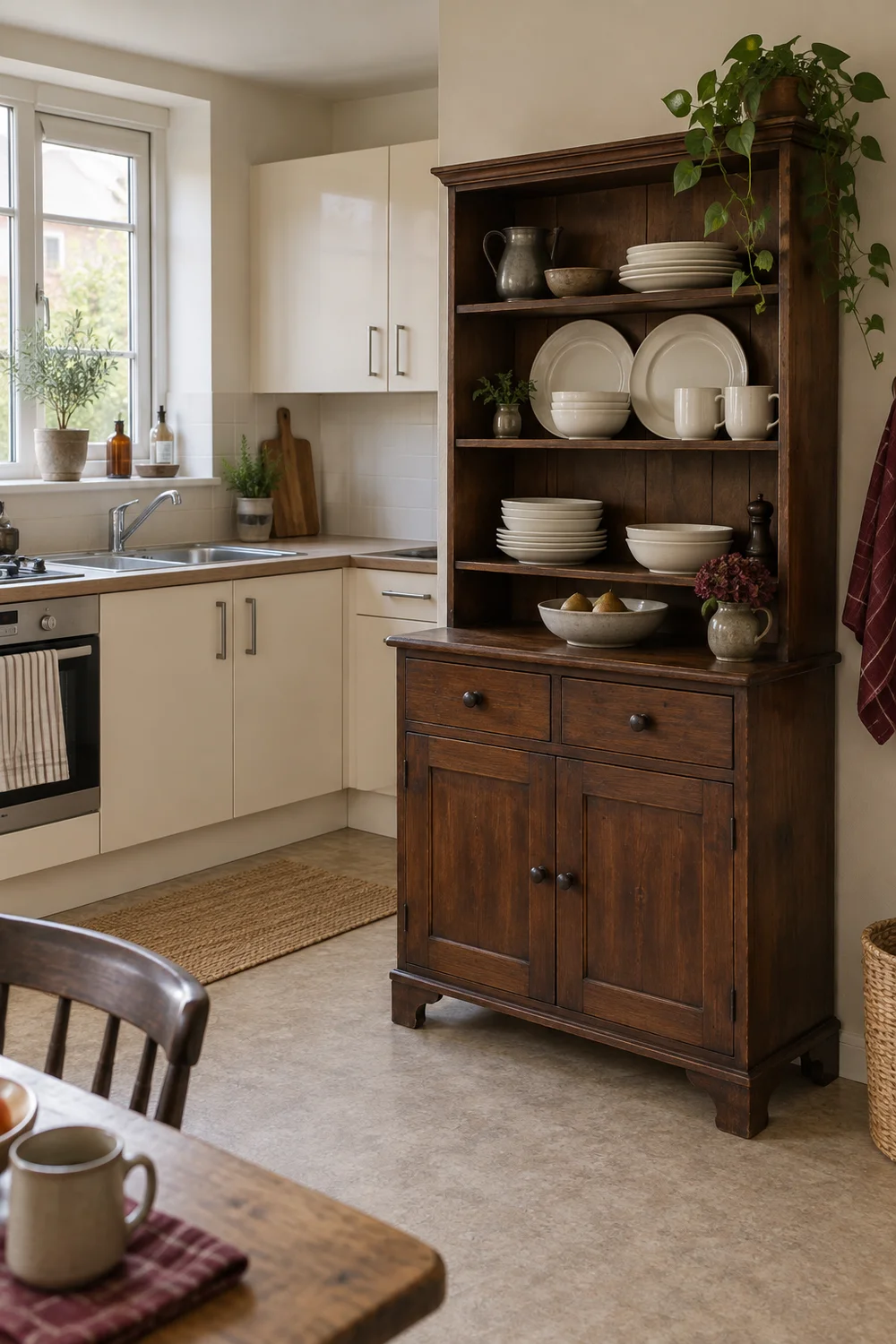 Freestanding pine dresser beside fixed cabinets in an English country kitchen