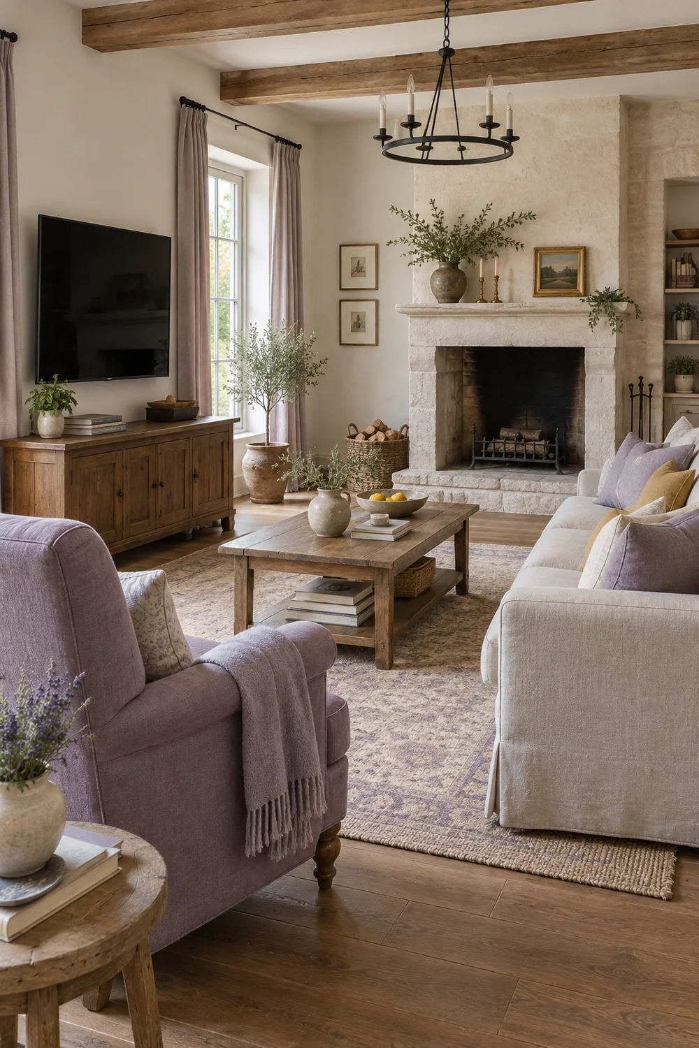 French country family room with a television on the side wall and a stone fireplace beside the seating